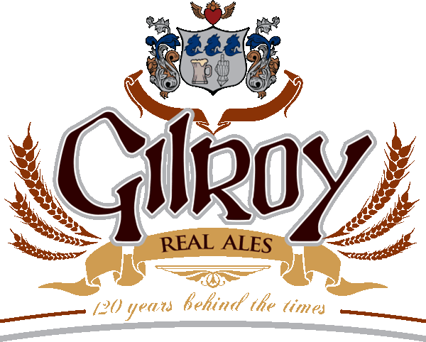 Gilroy Brewery logo with heraldic crest and 120 years behind the times tagline